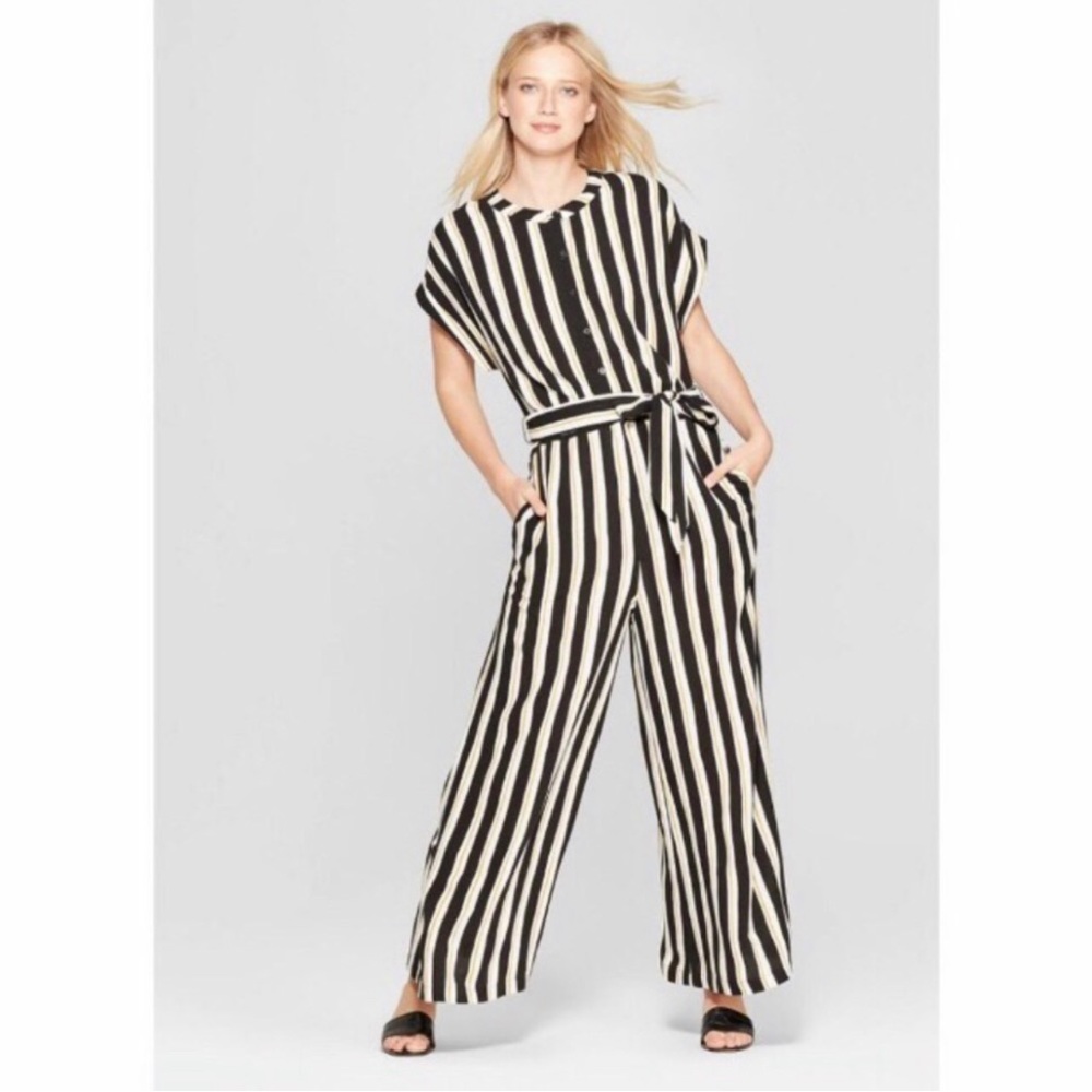 Who What Wear Black and Cream Striped Jumpsuit